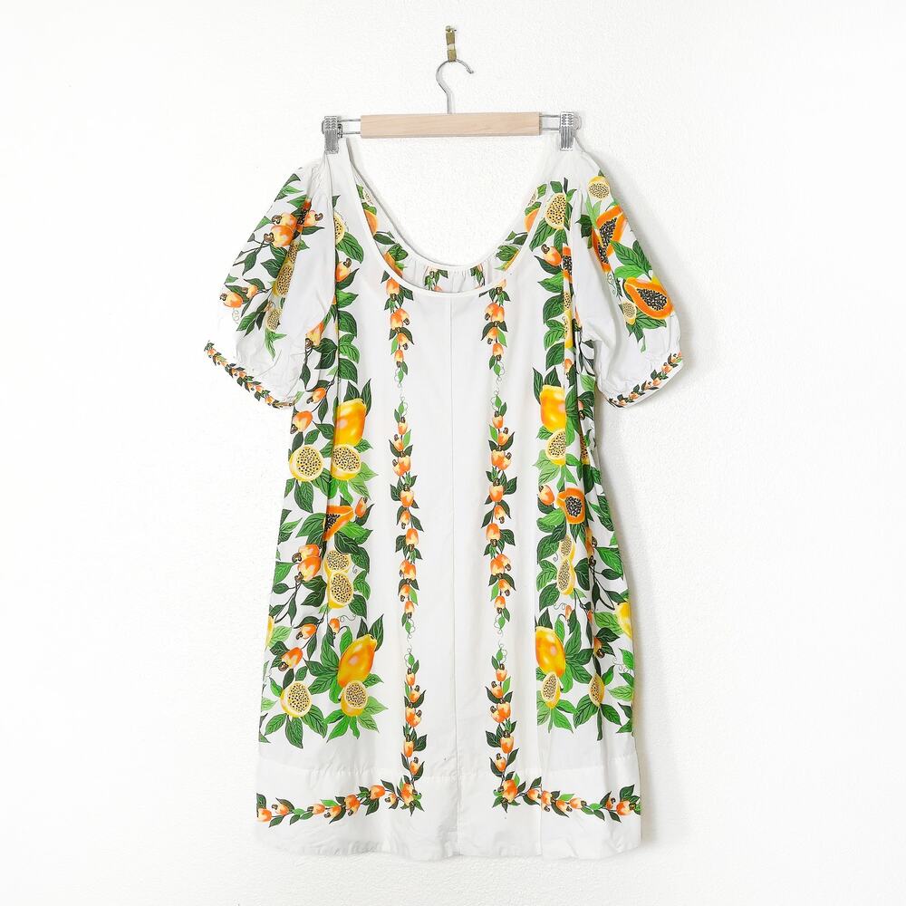 Farm Rio Dress Size L White Floral Puff Sleeve Belted Boho Resortwear - Picture 2 of 9